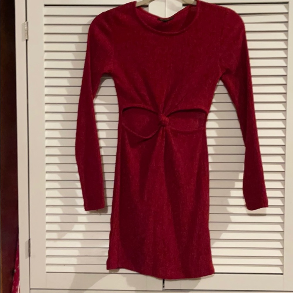 Top-shop Long Sleeve Red Knot Cut Dress